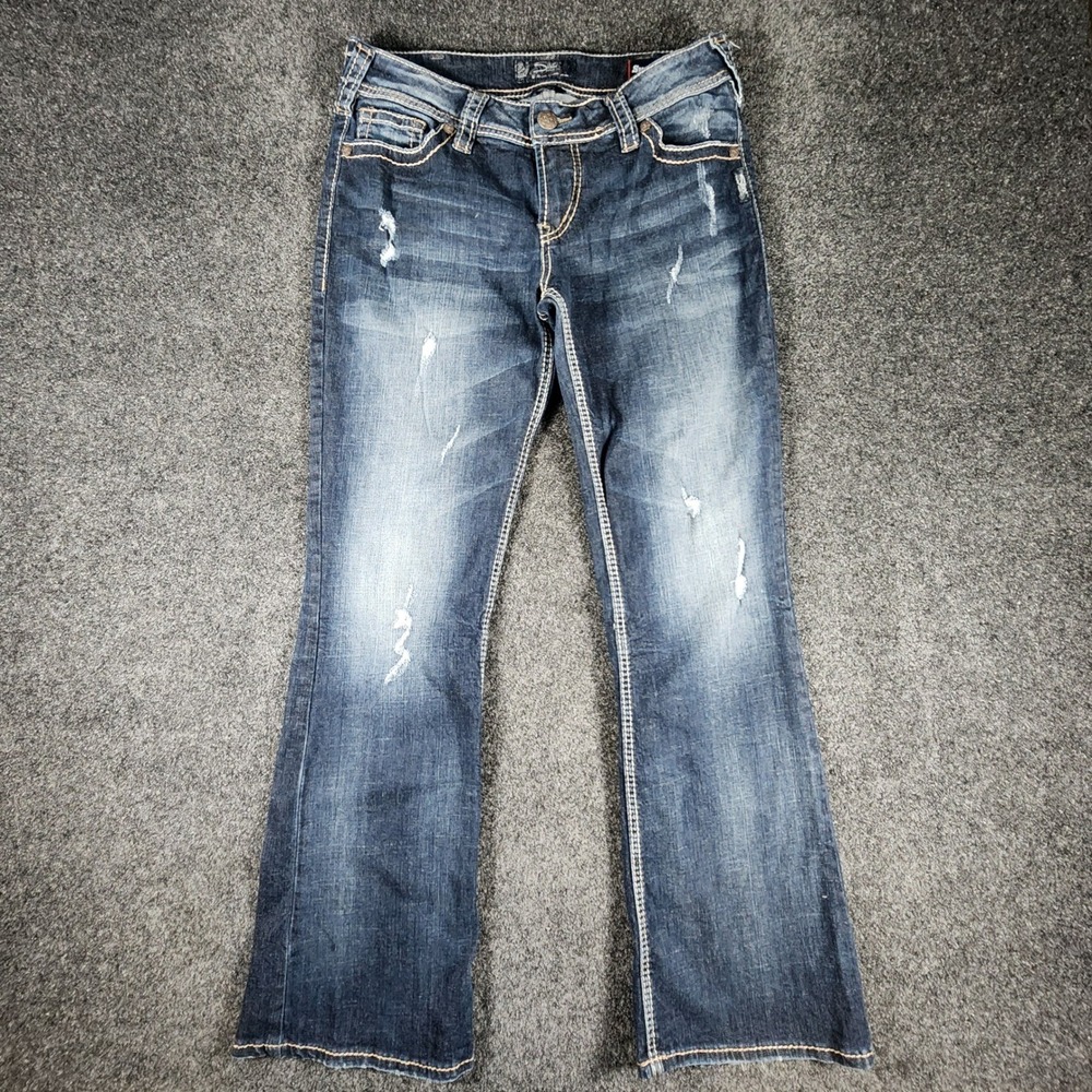 Silver Suki Mid Boot Cut Jeans Womens 31x30 Blue Distressed Super Stretch